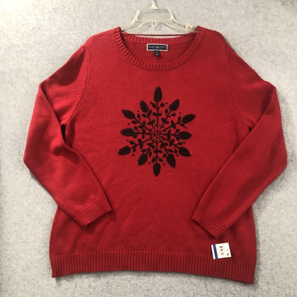 Karen Scott Womens XL Christmas UGLY Sweater red Black Snowflake small flaw